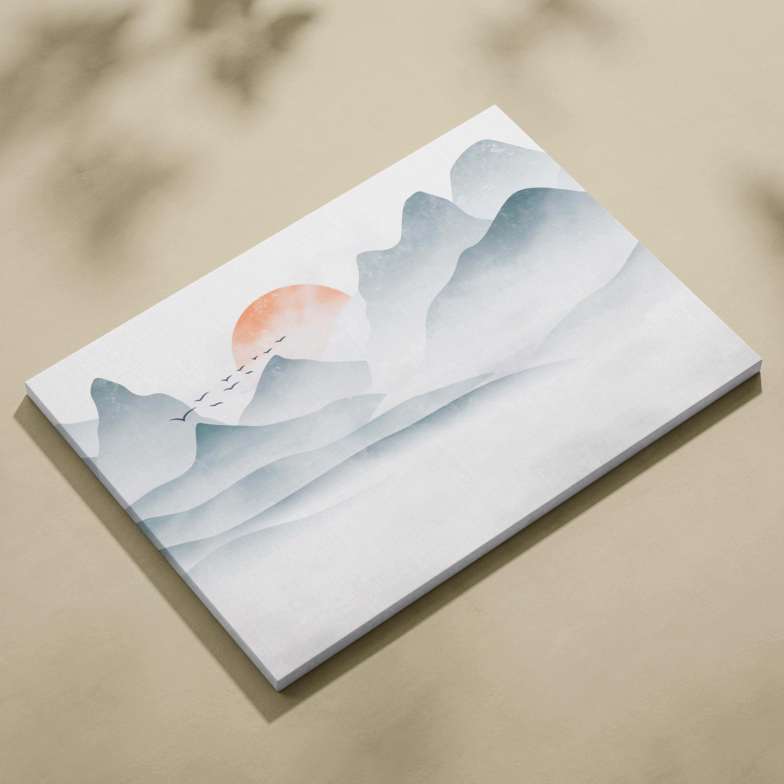 Misty mountain sunrise canvas wall art featuring minimalist watercolor mountains with orange sun and black birds for japandi decor