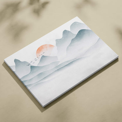 Misty mountain sunrise canvas wall art featuring minimalist watercolor mountains with orange sun and black birds for japandi decor