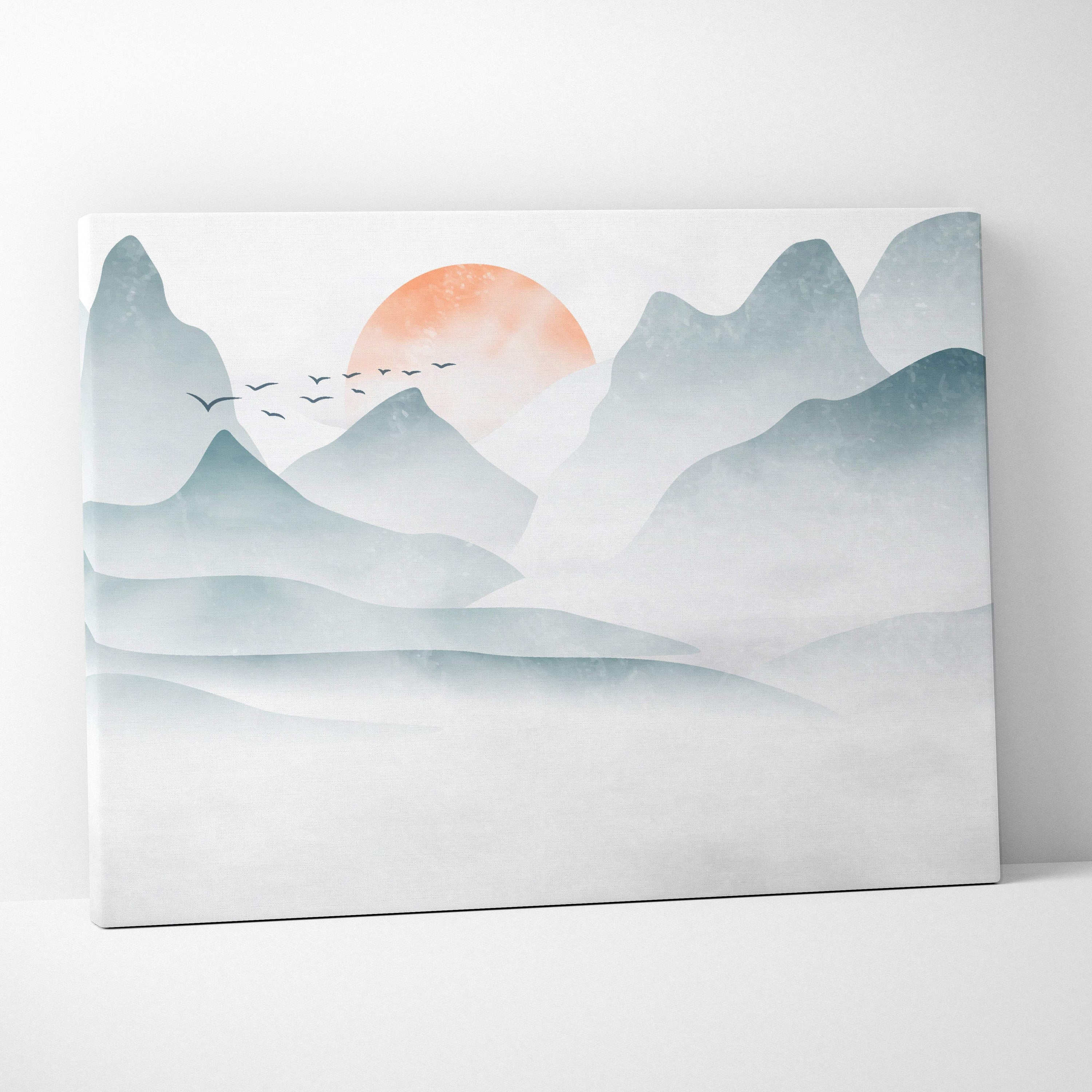 Misty mountain sunrise canvas wall art print featuring minimalist watercolor misty mountains and birds for japandi decor
