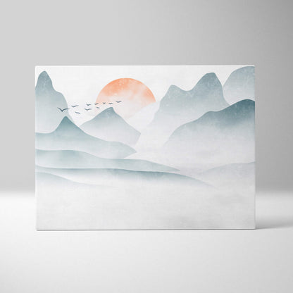 Misty mountain sunrise canvas wall art print with watercolor blue gray mountains orange sun and birds for japandi decor