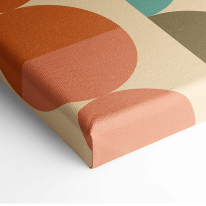 Boho geometric pattern canvas wall art featuring abstract overlapping terracotta and teal circles on beige background