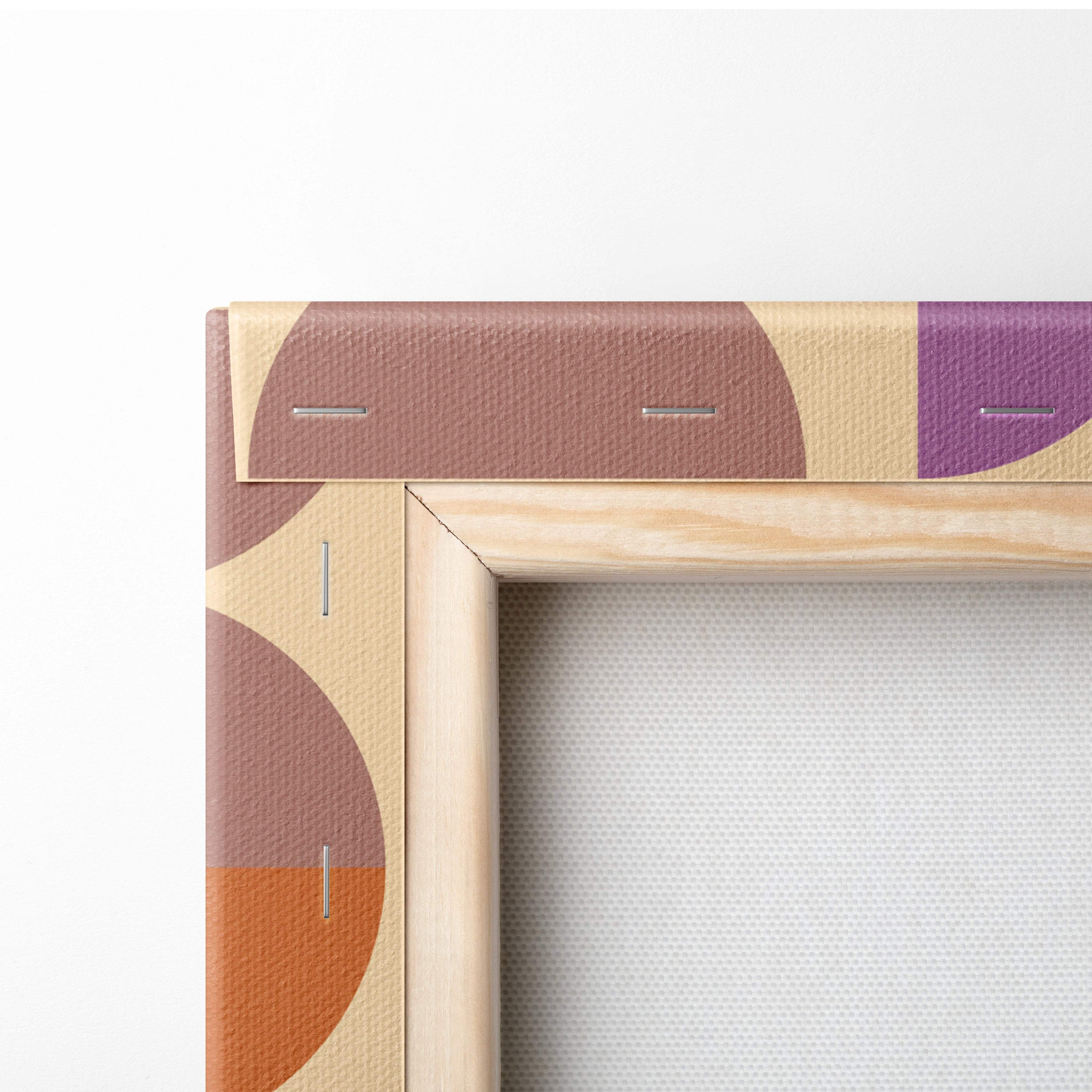 A wooden canvas frame featuring a textured boho geometric pattern in earthy brown beige and purple tones for wall decor