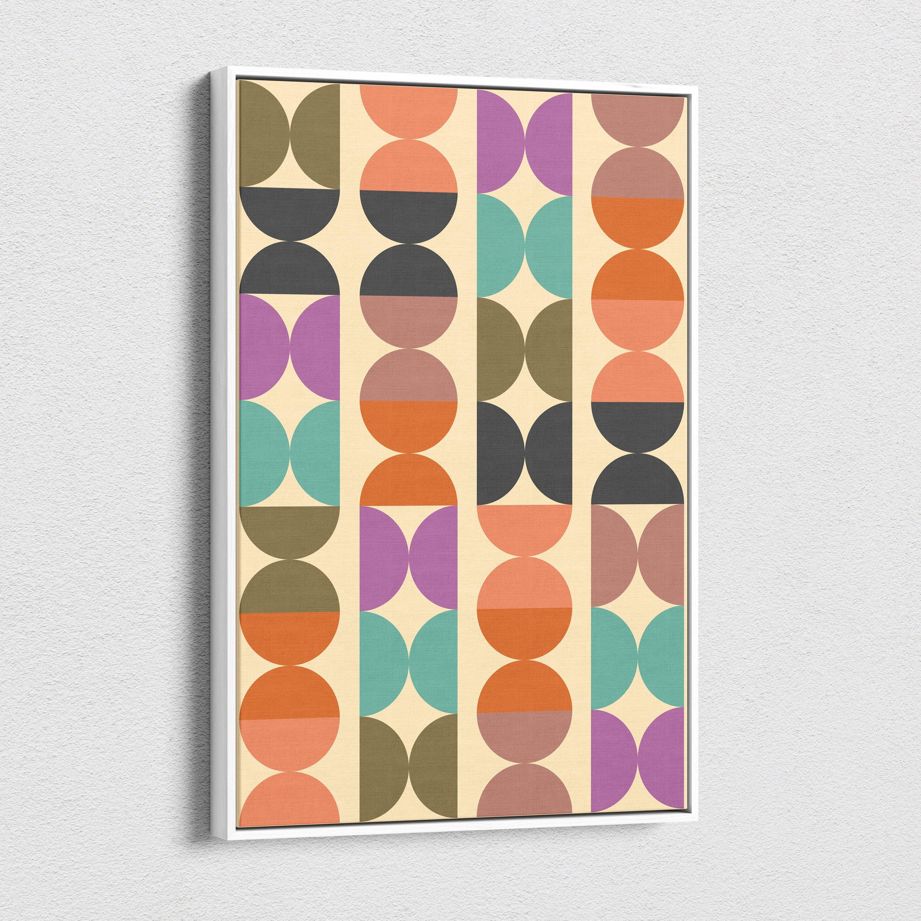 Boho geometric pattern canvas wall art with vertical columns of overlapping semi circles in earth tones and mid century modern style