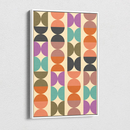 Boho geometric pattern canvas wall art with vertical columns of overlapping semi circles in earth tones and mid century modern style
