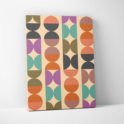 Boho geometric pattern canvas wall art with vertical stripes of muted orange teal purple and olive circles on beige background