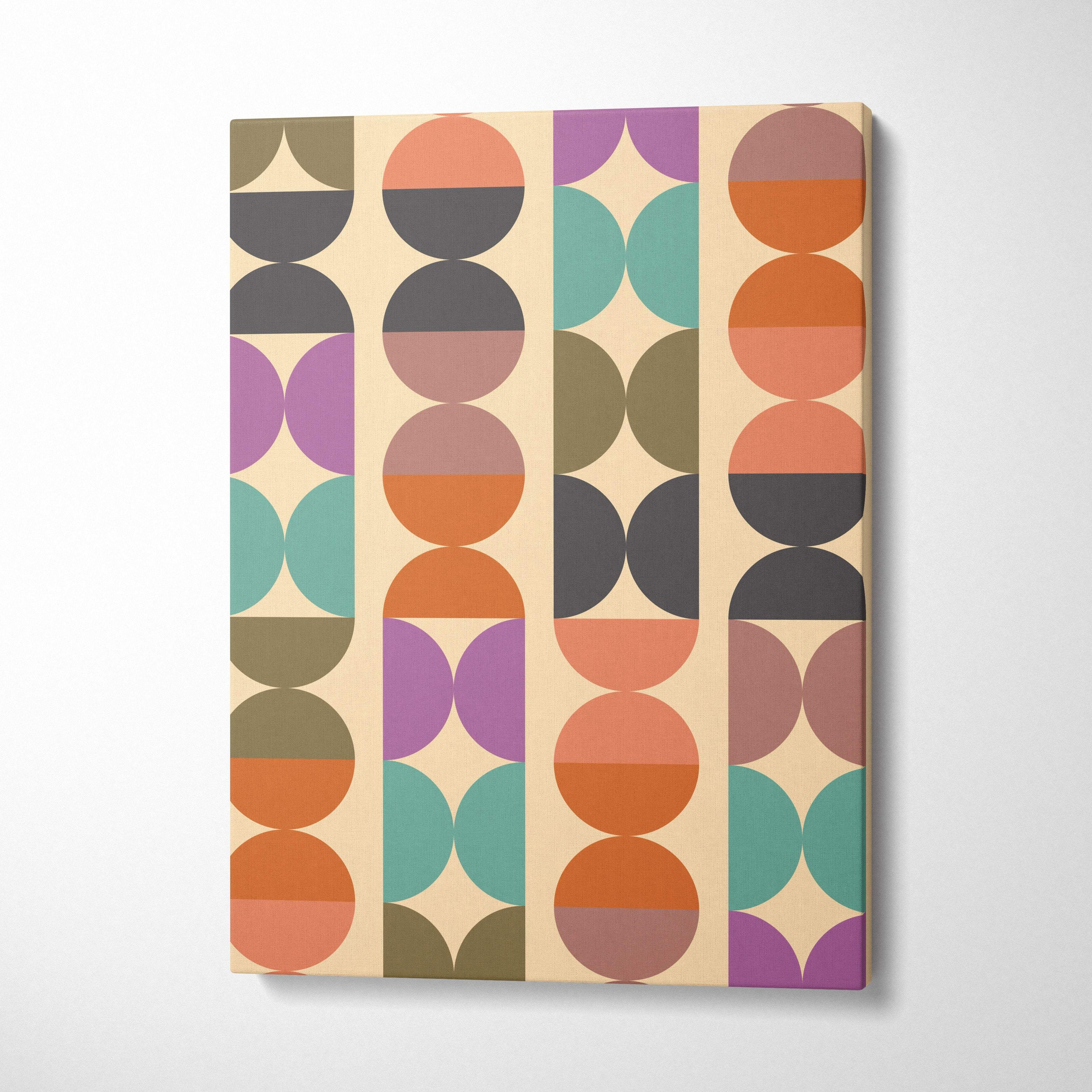 Boho geometric pattern canvas wall art with modern overlapping circles in muted earth tones on a beige background