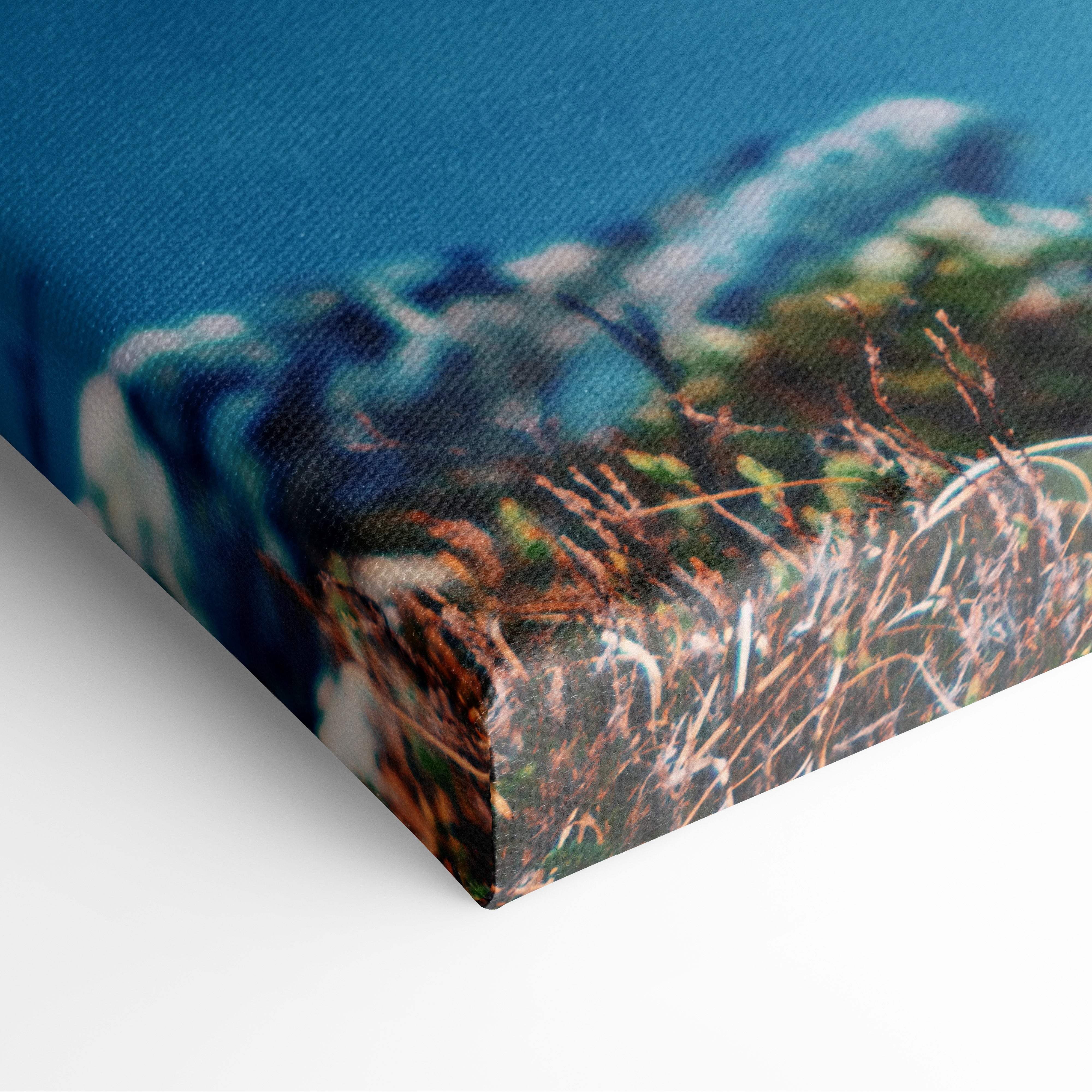 Blue canvas print of blurred green and brown vegetation with vibrant sky motivational tell your story wall art
