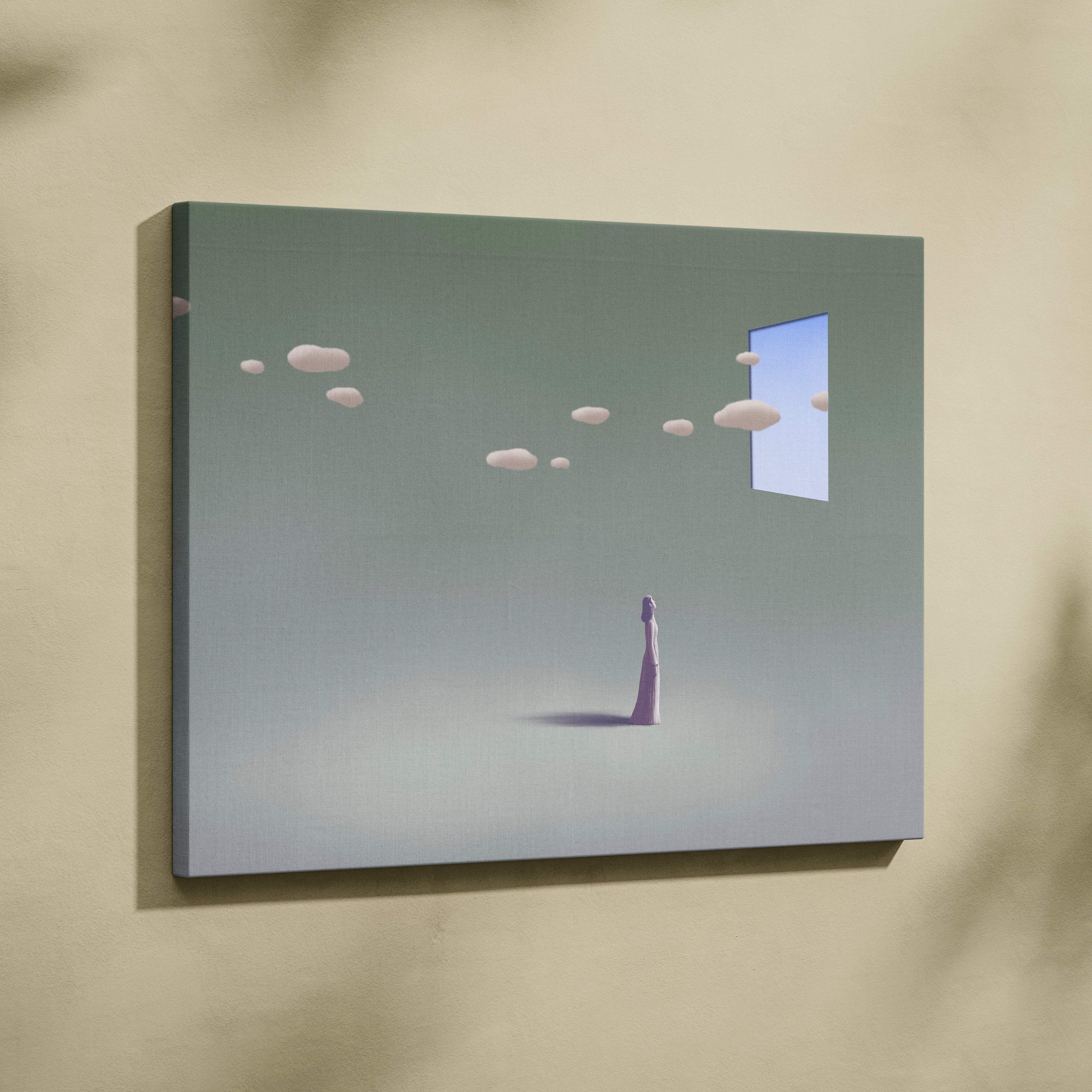 Contemporary window clouds canvas wall art showing a minimalist lavender figure under floating clouds with an open sky view