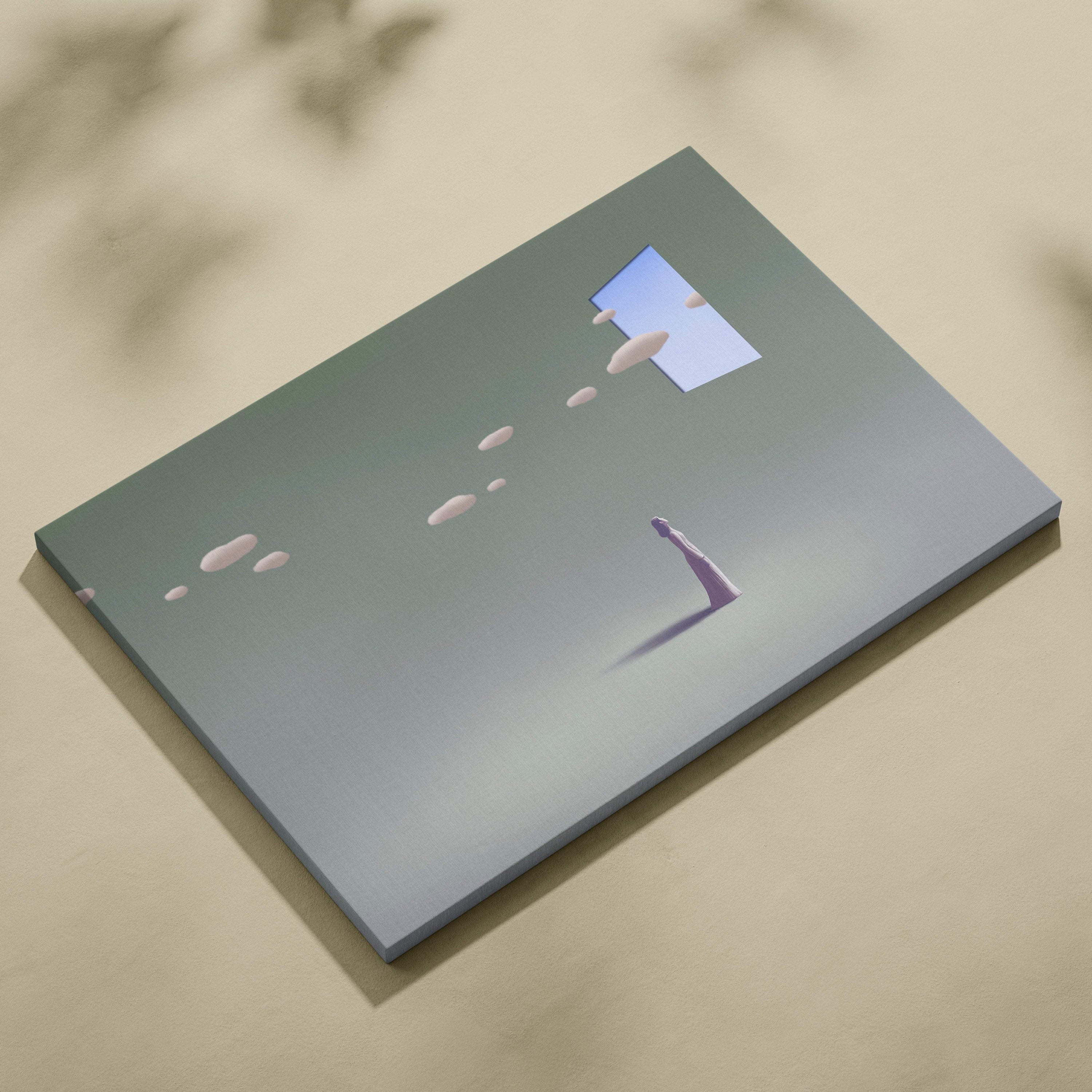 A rectangular canvas print of a soft pastel surreal scene with a lone woman reaching toward floating clouds for modern decor