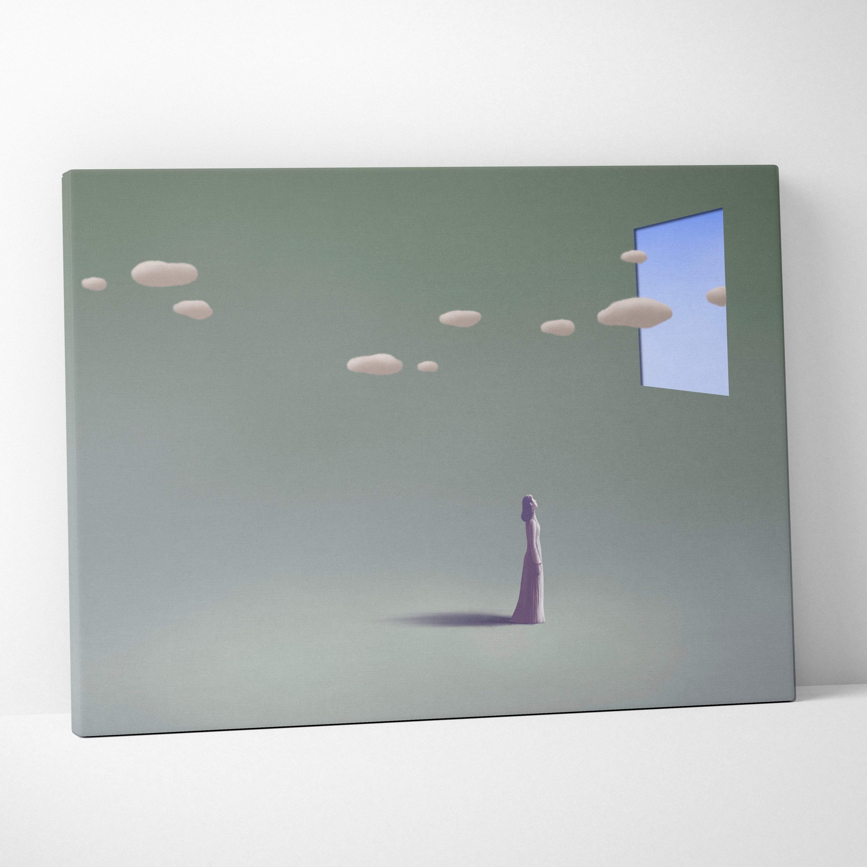 Contemporary window clouds canvas wall art featuring a lone woman in a lavender gown against a sage green backdrop