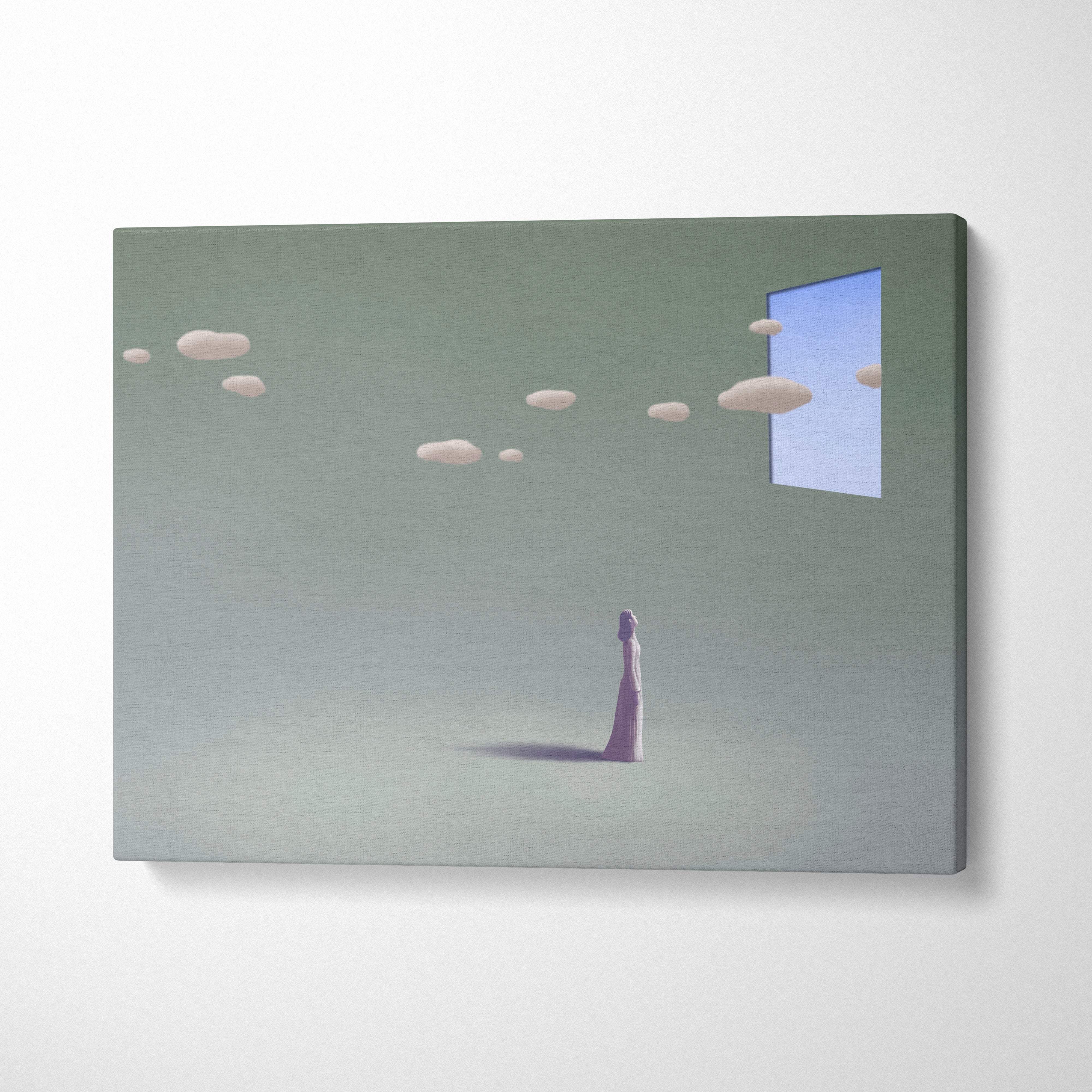 Contemporary window clouds canvas wall art with a lone woman in a pale lavender gown beneath floating clouds