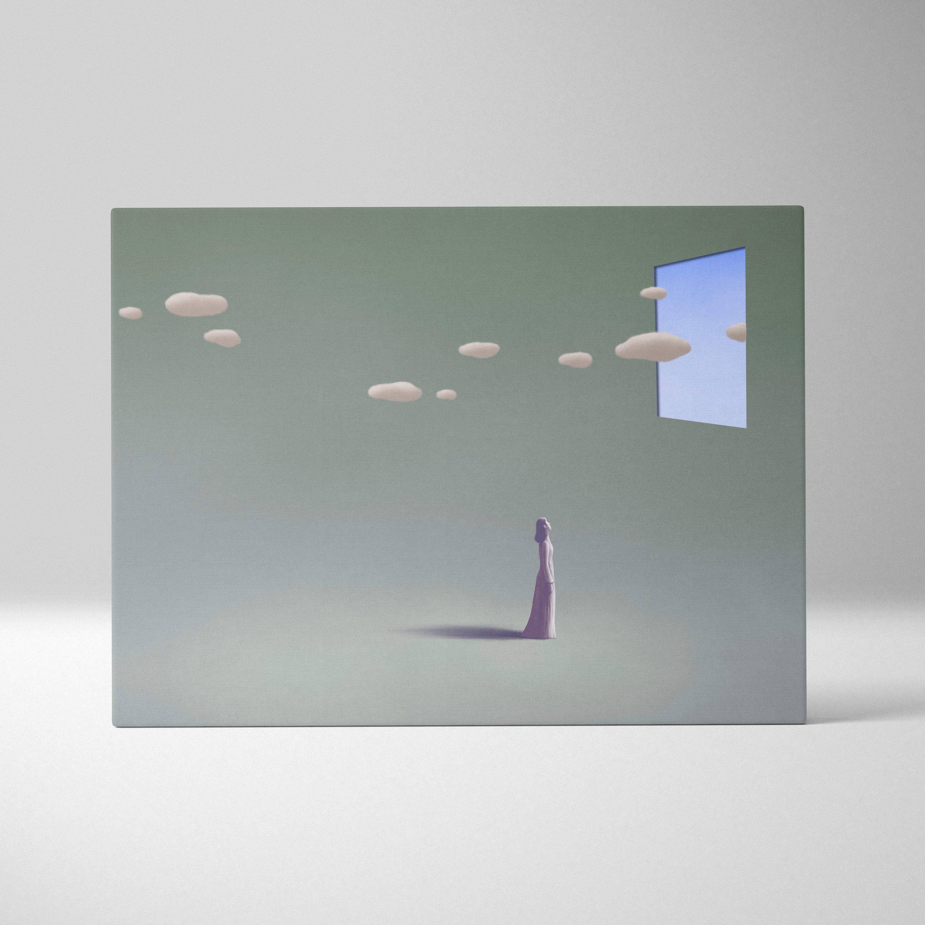 Contemporary window clouds canvas wall art featuring a solitary woman in a flowing lavender gown beneath floating clouds
