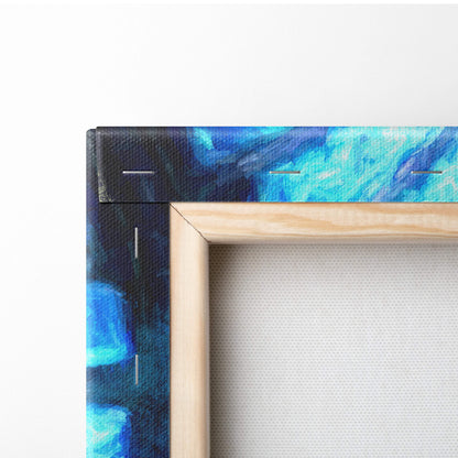 A wooden canvas frame featuring a blue and teal abstract painting from mystic blue oracle celestial hooded priestess art print