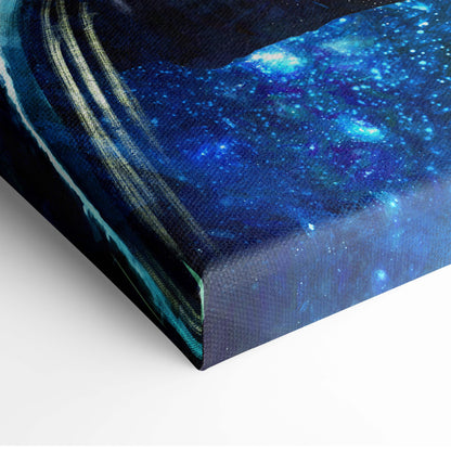 Mystic blue oracle canvas wall art featuring a cosmic galaxy design with teal accents and glowing energy details