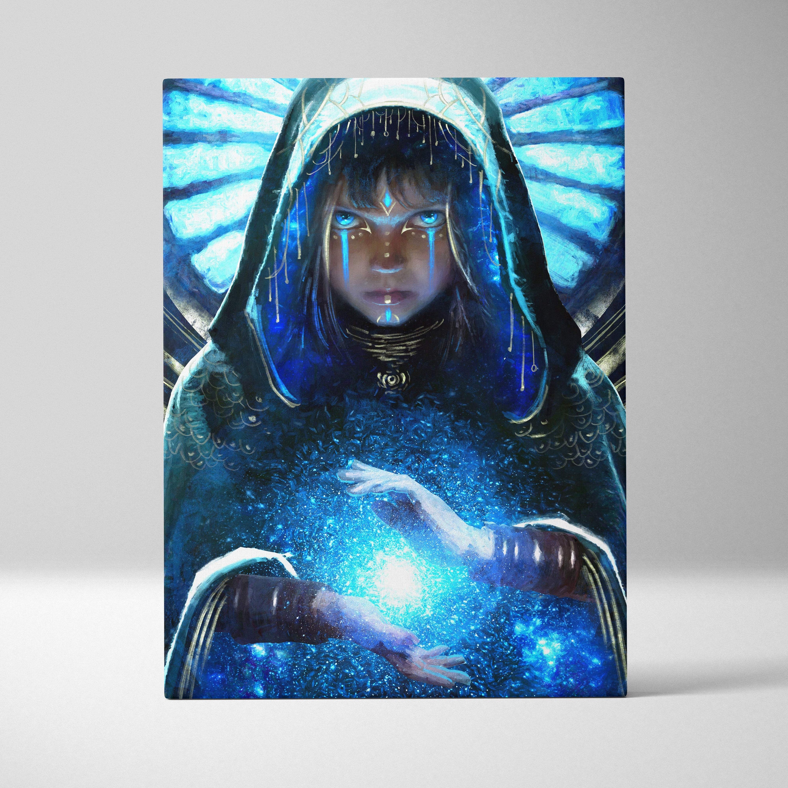 Blue fantasy-themed canvas print of a hooded priestess with glowing eyes and radiant energy in celestial art style
