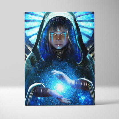 Blue fantasy-themed canvas print of a hooded priestess with glowing eyes and radiant energy in celestial art style