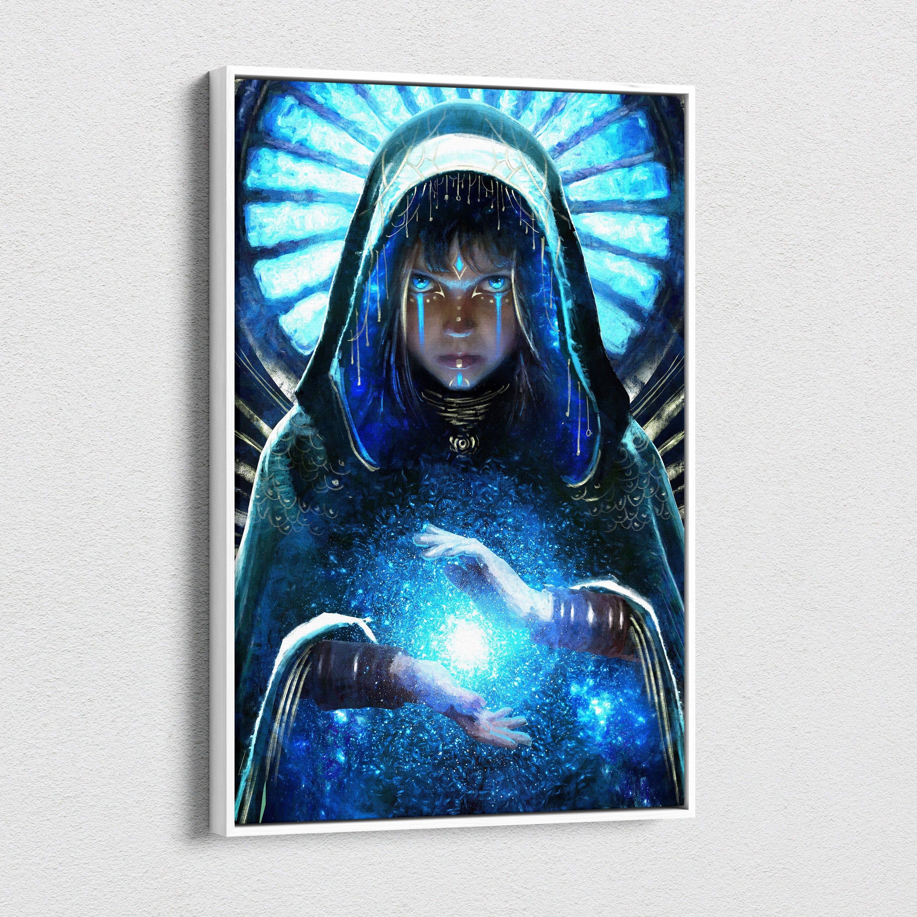 Mystic blue oracle canvas wall art featuring celestial hooded priestess with glowing energy in white frame