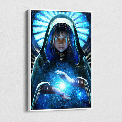 Mystic blue oracle canvas wall art featuring celestial hooded priestess with glowing energy in white frame