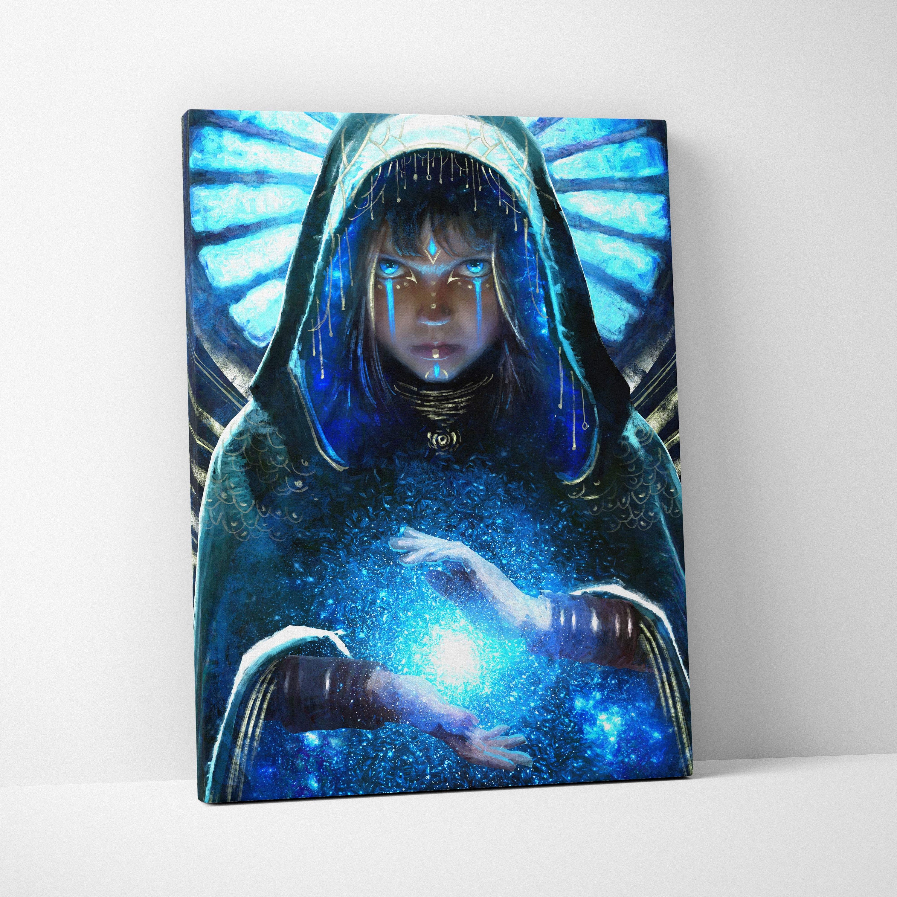 Mystic blue oracle canvas wall art featuring a hooded figure with glowing eyes and hands cradling radiant energy