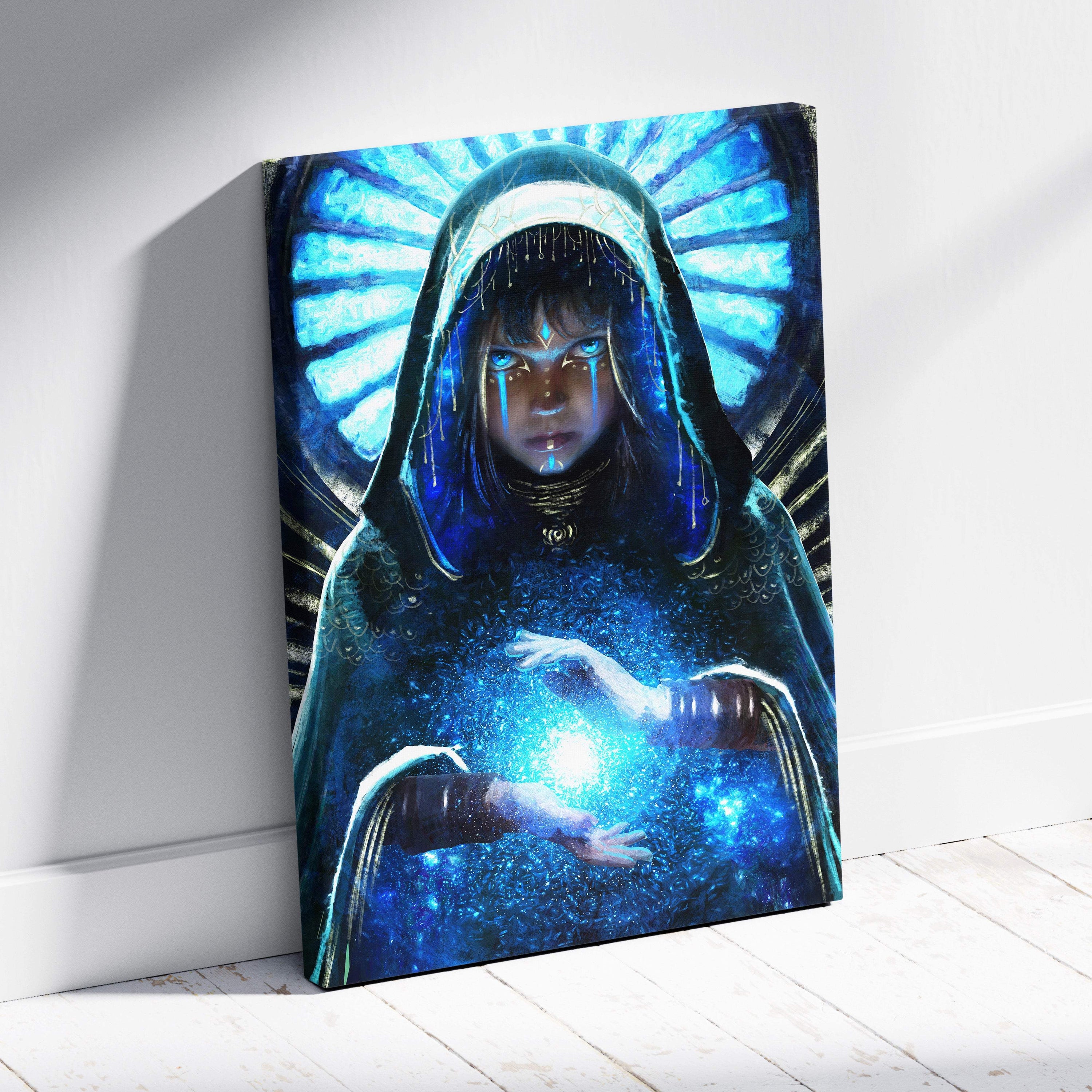 Mystic blue oracle canvas wall art featuring a hooded figure with glowing blue eyes holding radiant energy on starry backdrop