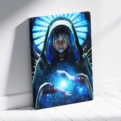 Mystic blue oracle canvas wall art featuring a hooded figure with glowing blue eyes holding radiant energy on starry backdrop