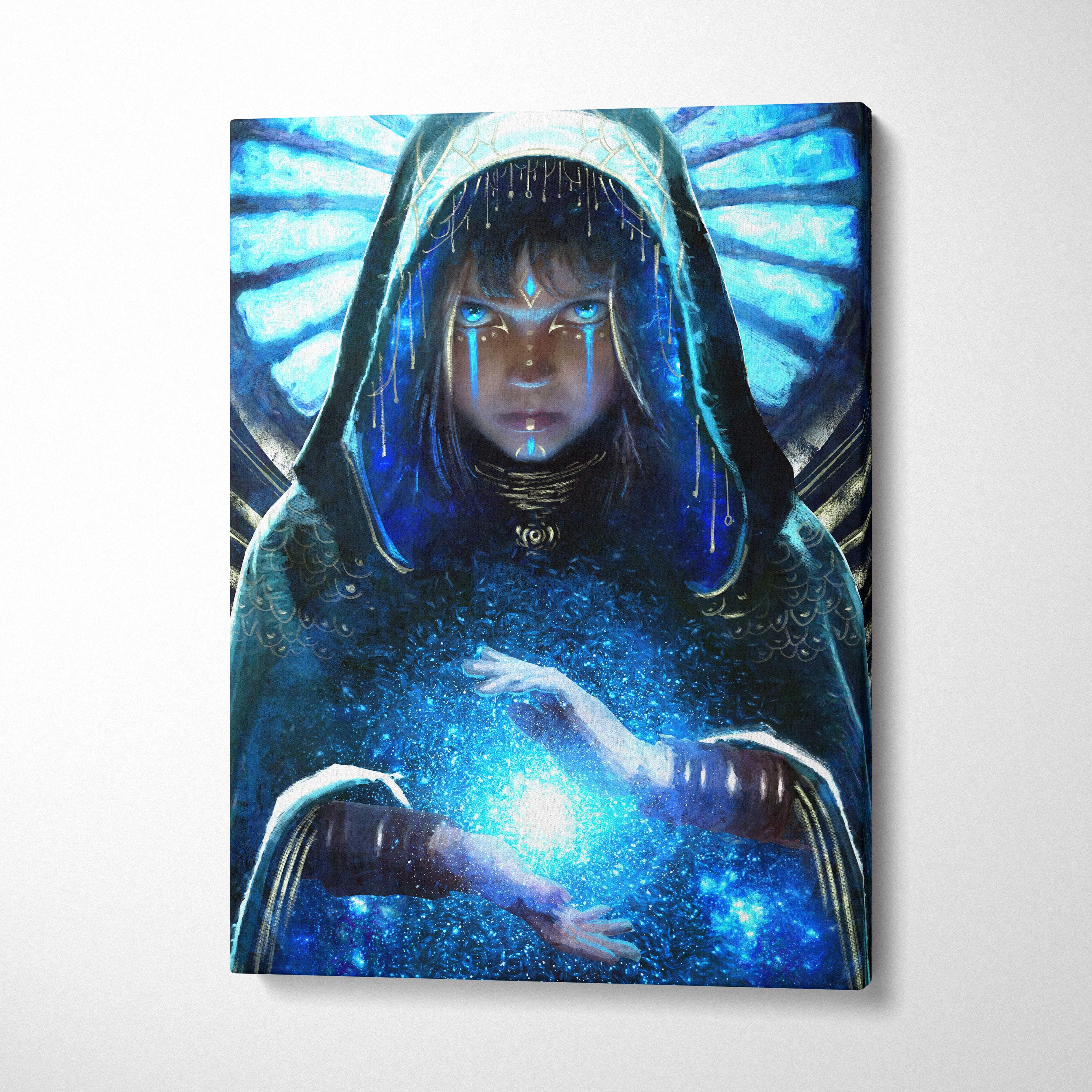 Blue fantasy-themed canvas print of a hooded priestess with glowing eyes hands and radiant energy for wall art