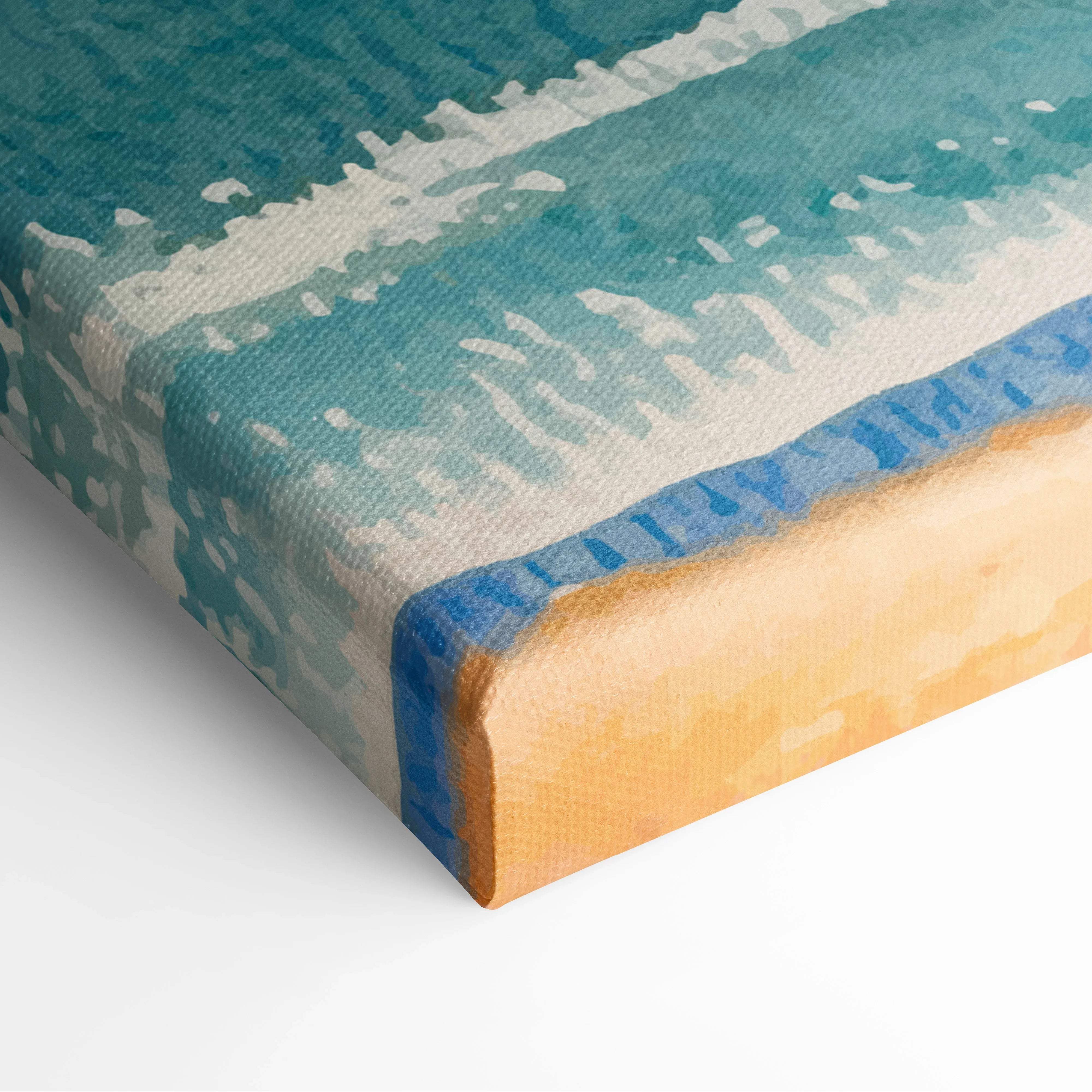 Textured teal ocean waves crashing on beach, sunset sky canvas wall art