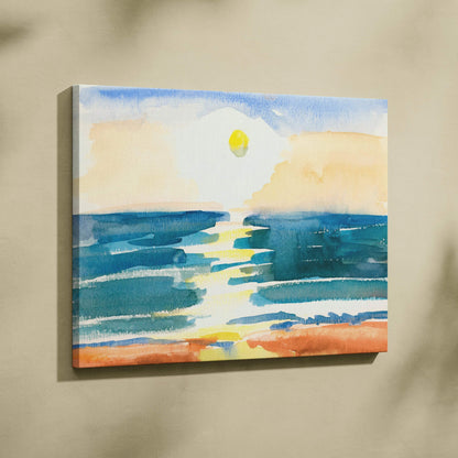 Sunset ocean watercolor canvas wall art with teal sea, golden sun, peach sky