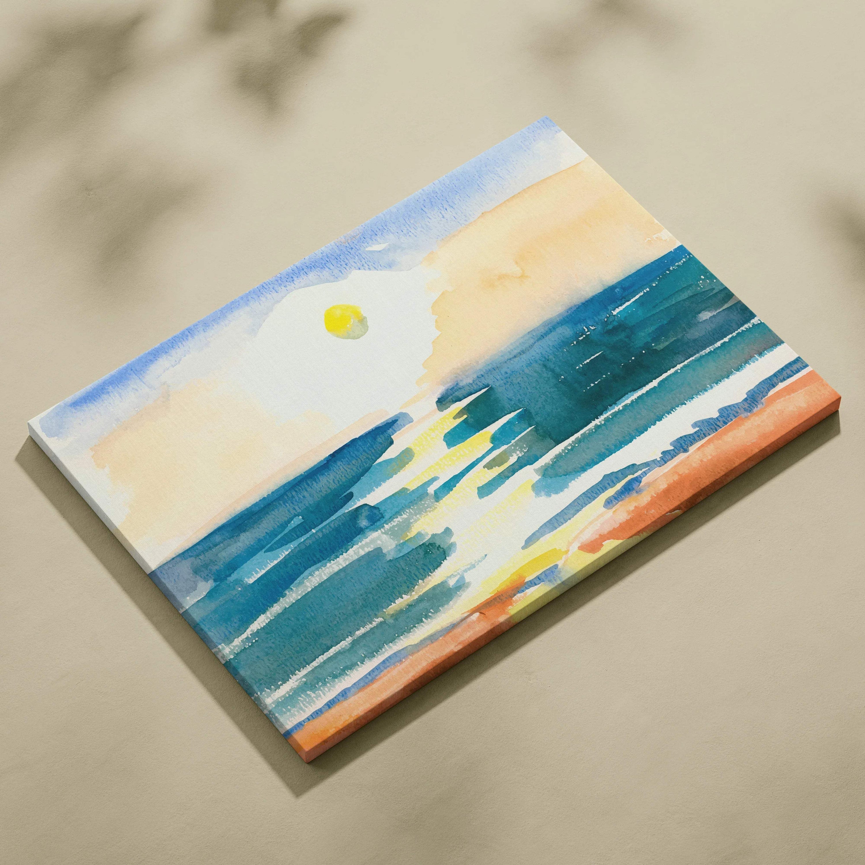 Sunset ocean watercolor canvas wall art with teal sea, golden sun, peach sky