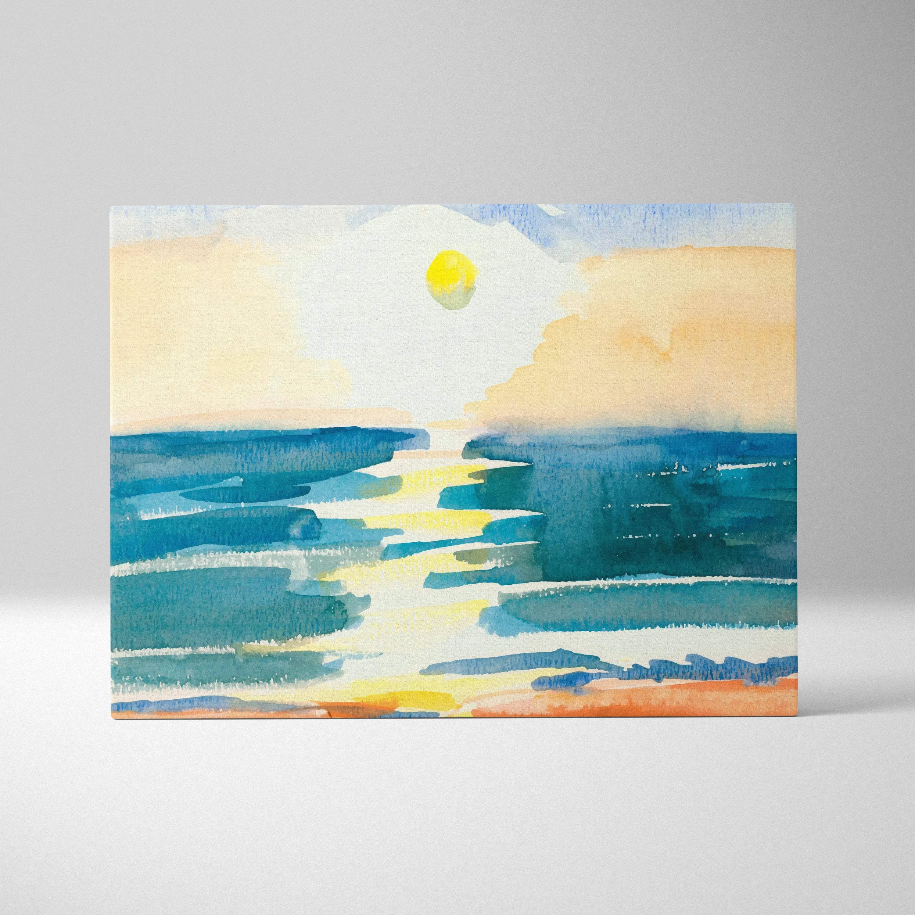 Sunset ocean watercolor canvas wall art in teal blue sea and golden sun