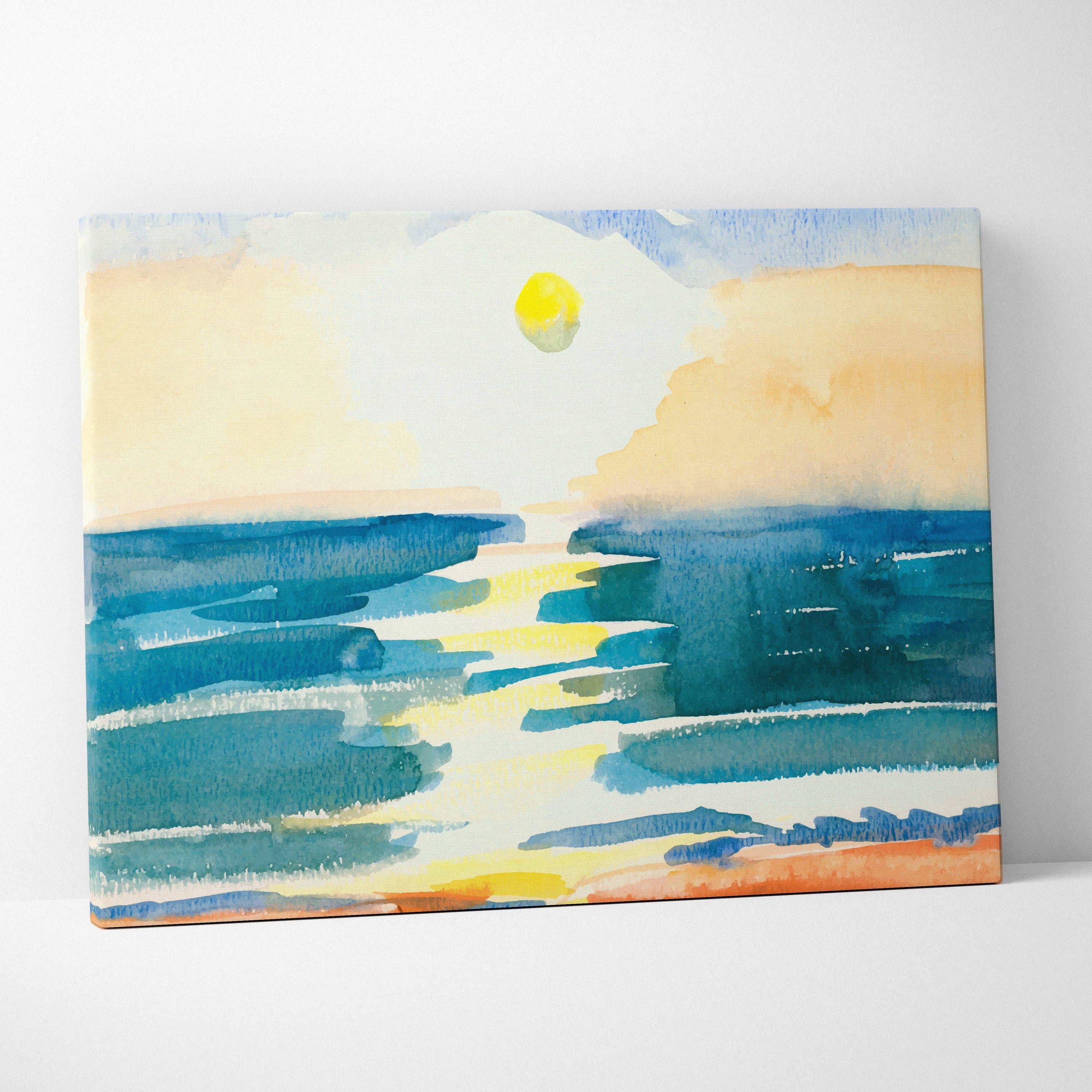 Sunset ocean watercolor canvas wall art with teal sea, golden sun, peach sky
