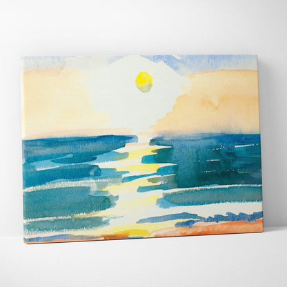 Sunset ocean watercolor canvas wall art with teal sea, golden sun, peach sky