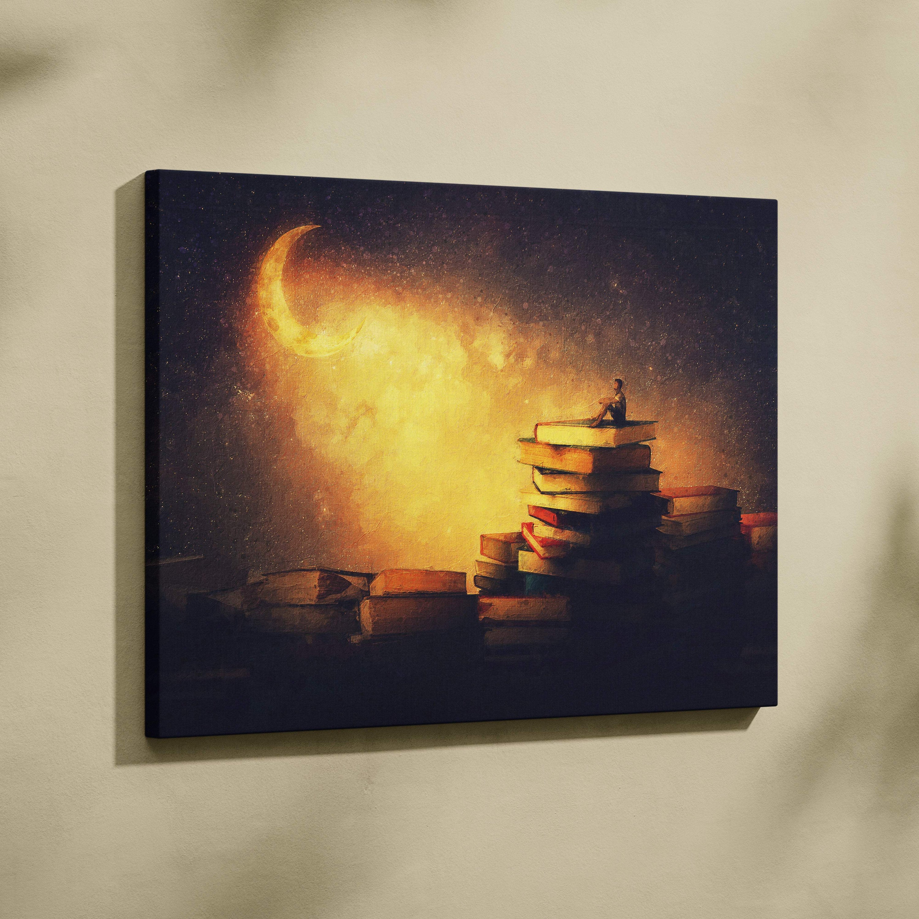 Dreamy moon books canvas wall art print showing a solitary figure on a golden stack of books under a crescent moon in navy tones