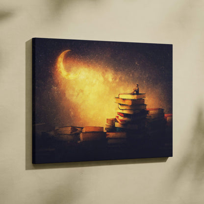 Dreamy moon books canvas wall art print showing a solitary figure on a golden stack of books under a crescent moon in navy tones