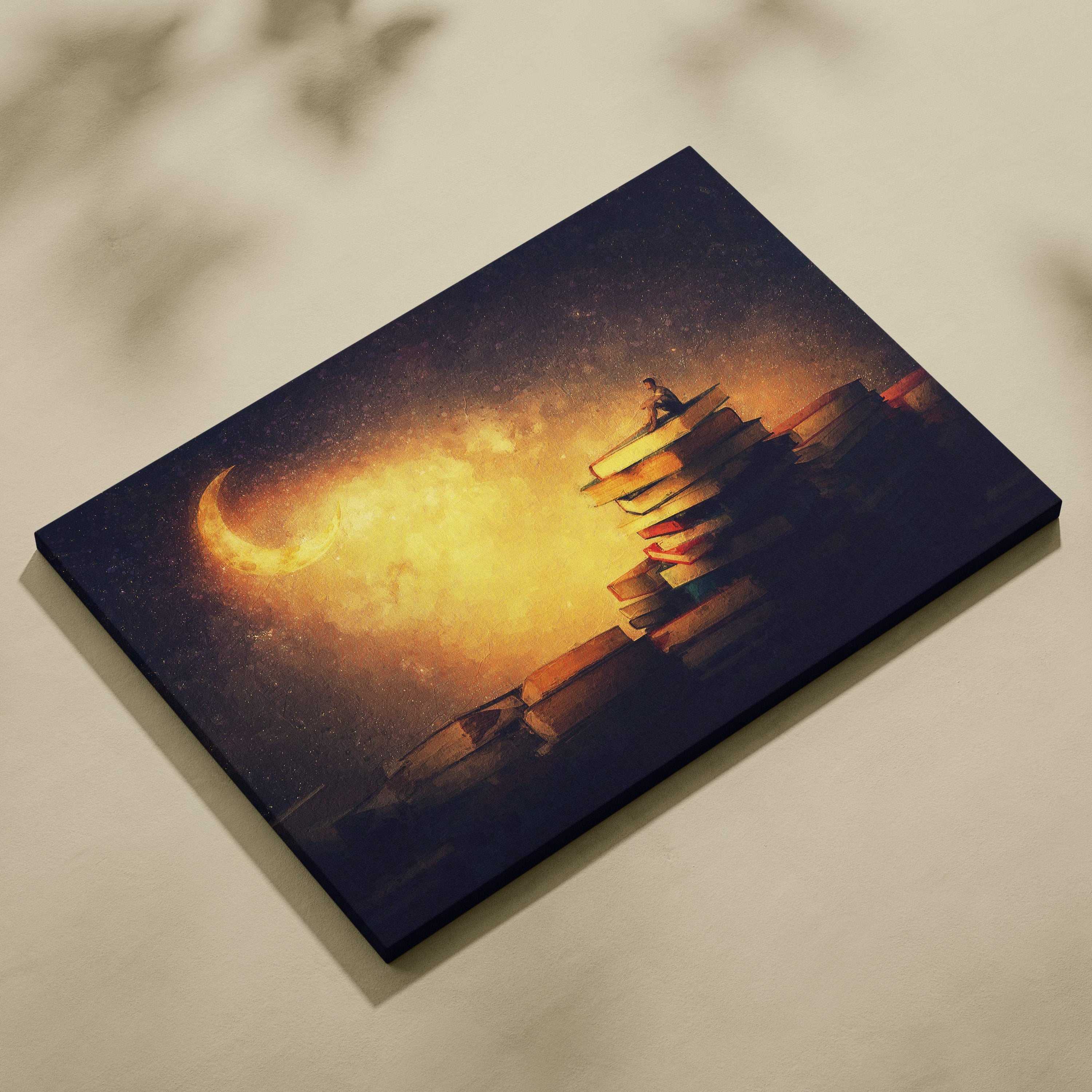 Rectangular canvas print of a surreal lone figure on stacked books under a glowing crescent moon for cozy reading decor