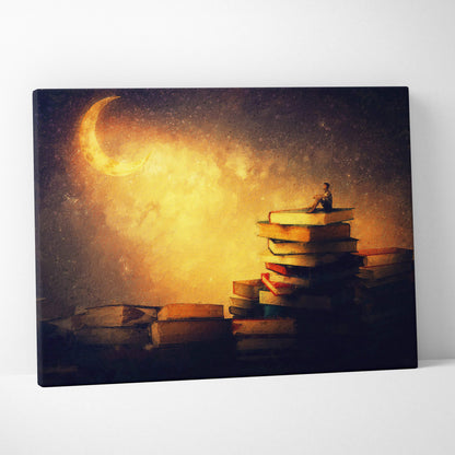 Dreamy moon books canvas wall art print featuring a solitary figure on stacked books under a golden crescent moon