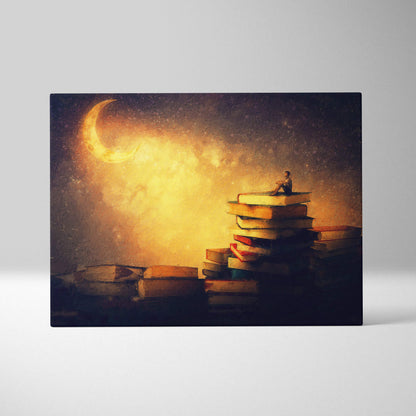 Rectangular canvas print of a solitary figure on a stack of books under a glowing crescent moon in warm golden tones