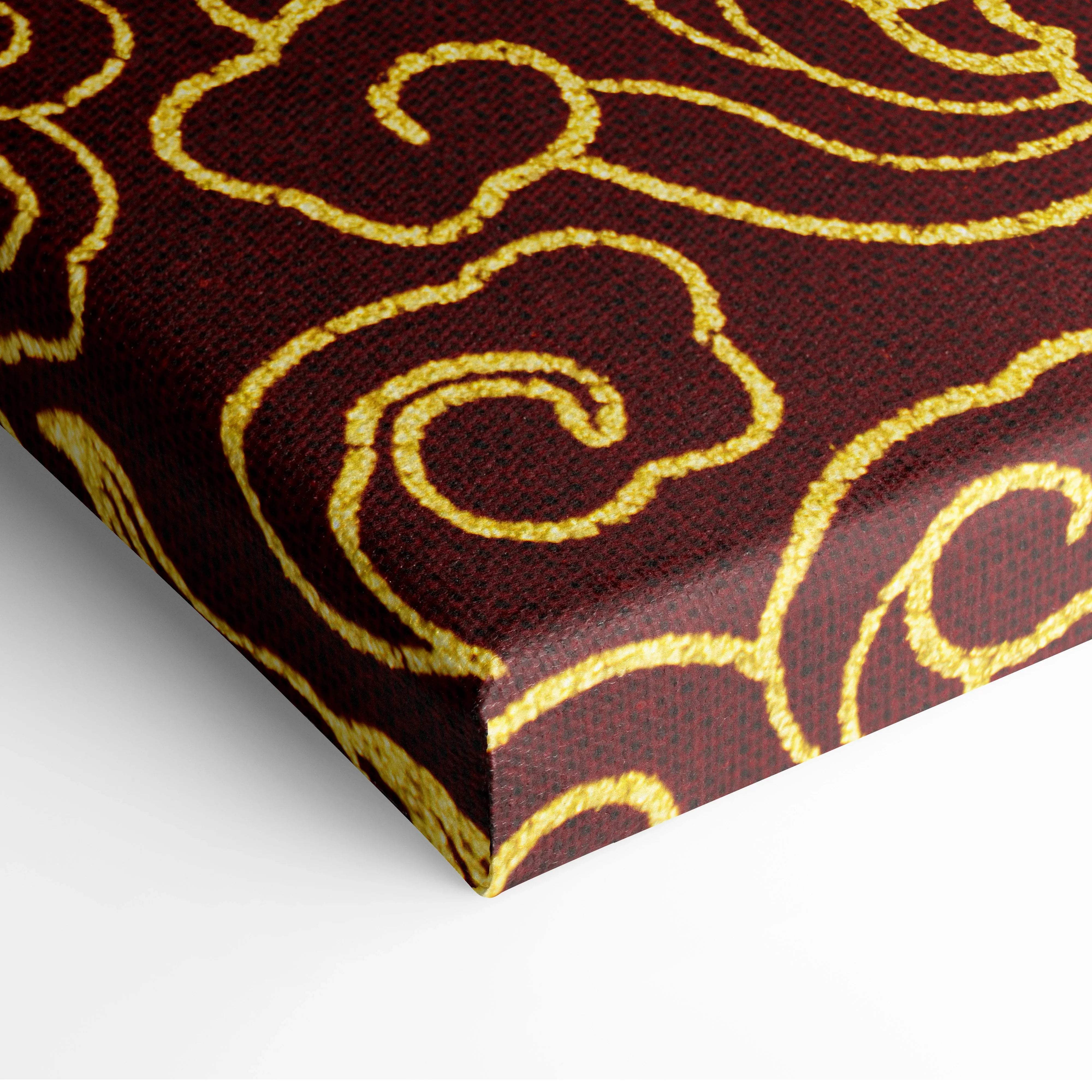 Rich burgundy canvas print with ornate gold Asian cloud motifs