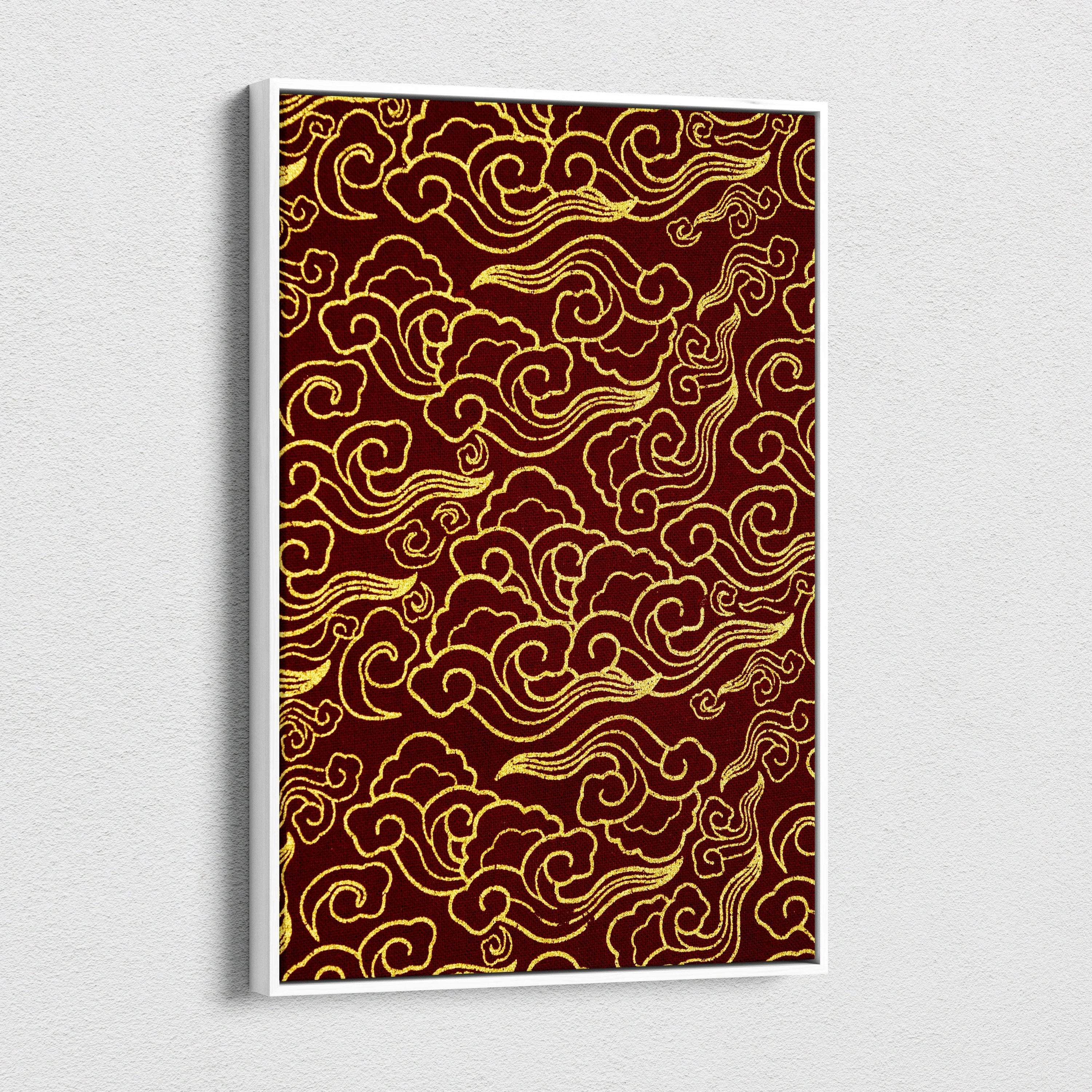 Ornate gold Asian cloud pattern on crimson canvas wall art