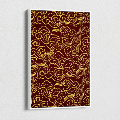 Ornate gold Asian cloud pattern on crimson canvas wall art