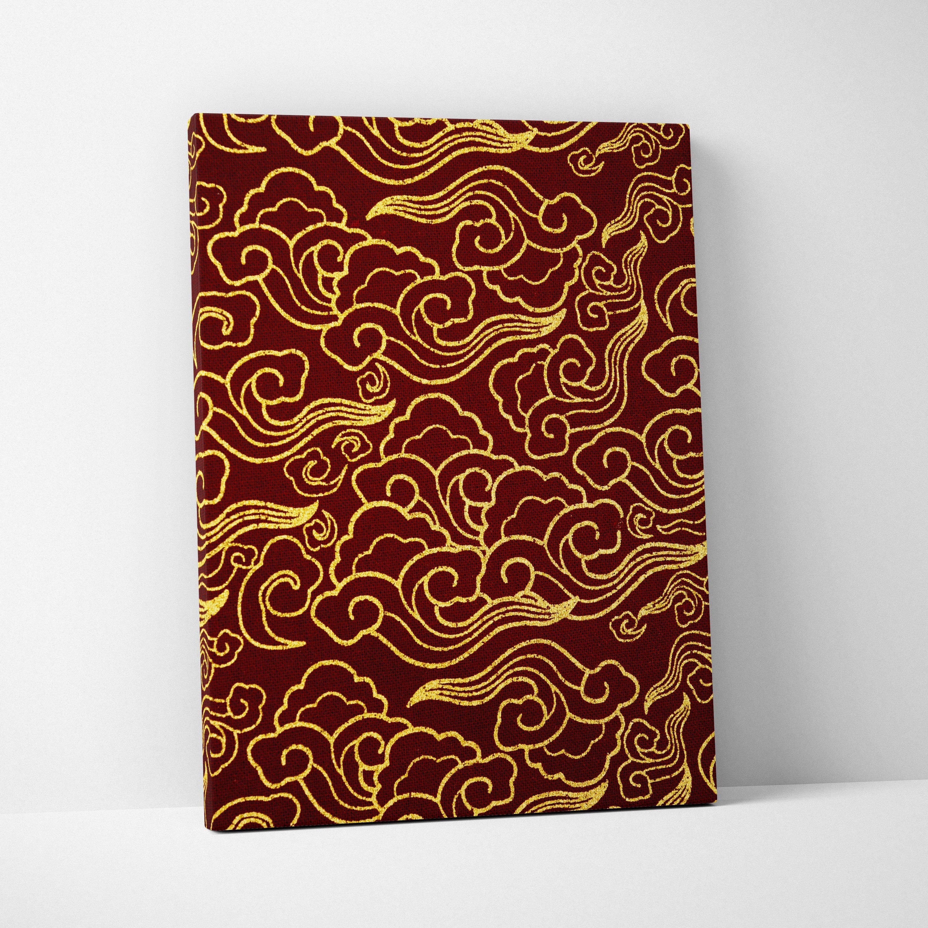 Ornate gold cloud pattern on crimson canvas wall art