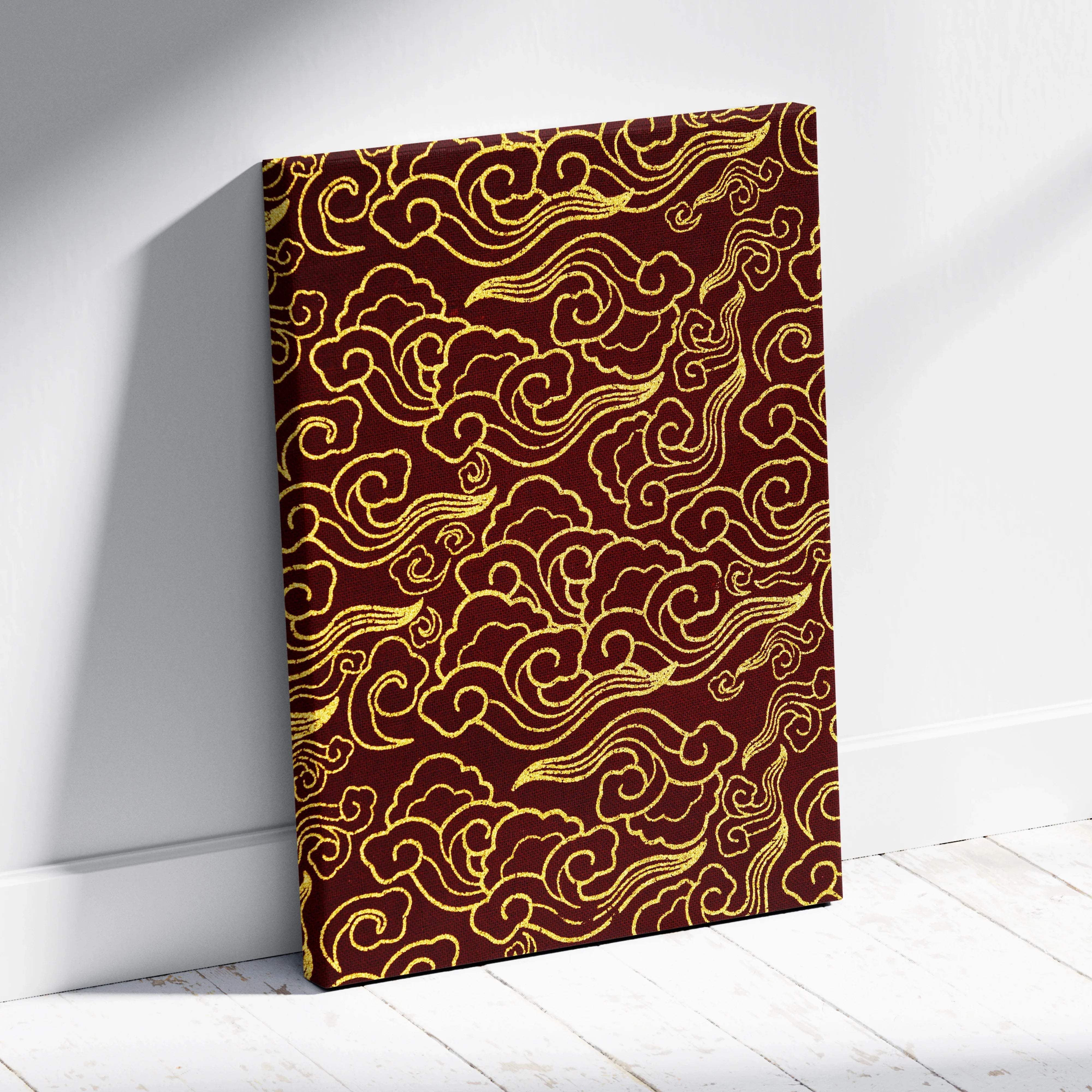 Ornate gold cloud pattern on crimson canvas wall art