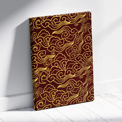 Ornate gold cloud pattern on crimson canvas wall art