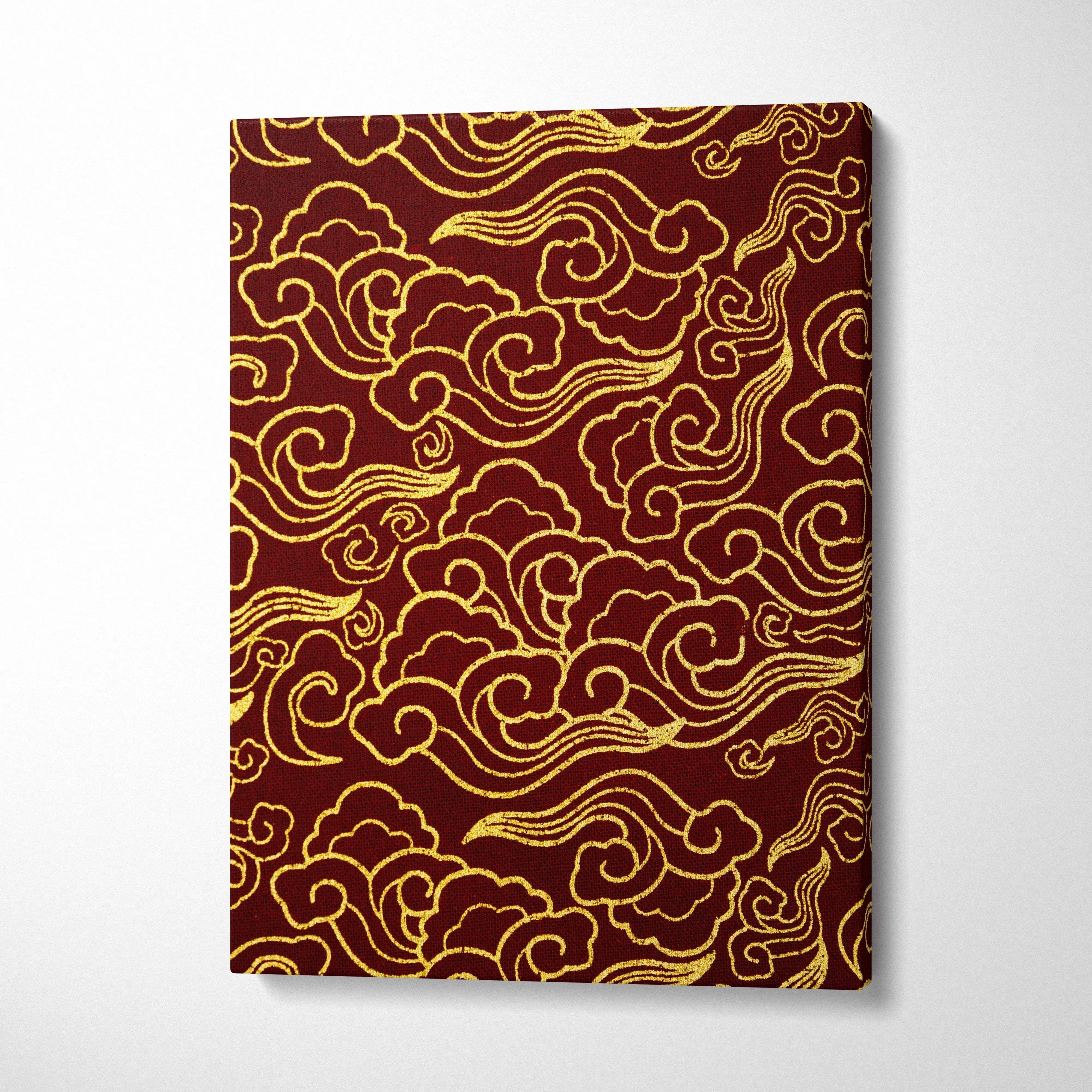 Ornate gold cloud pattern on crimson canvas wall art