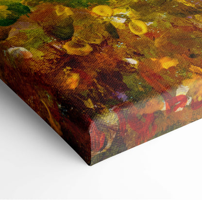 Textured canvas print of impressionist peaceful countryside horses with bold yellow green brown and red brushstrokes