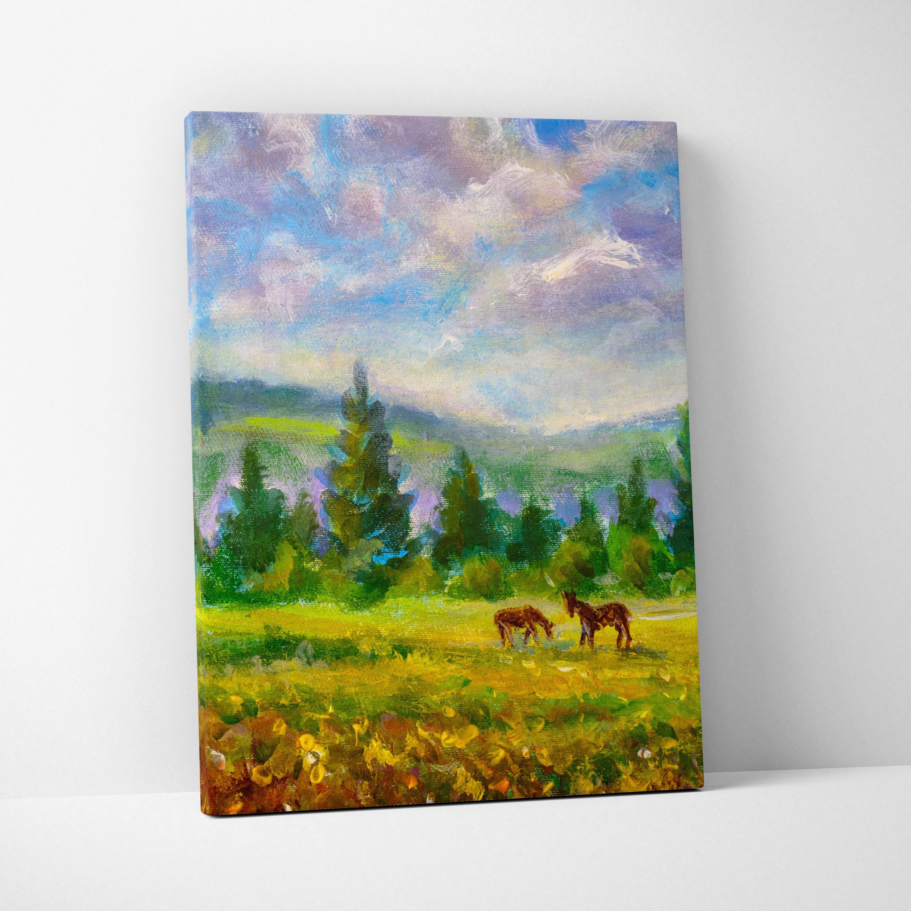 Peaceful countryside horses impressionist canvas print of two brown horses grazing in a sunlit field under a colorful sky