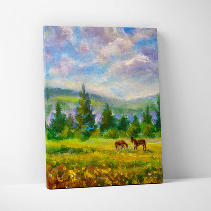 Peaceful countryside horses impressionist canvas print of two brown horses grazing in a sunlit field under a colorful sky