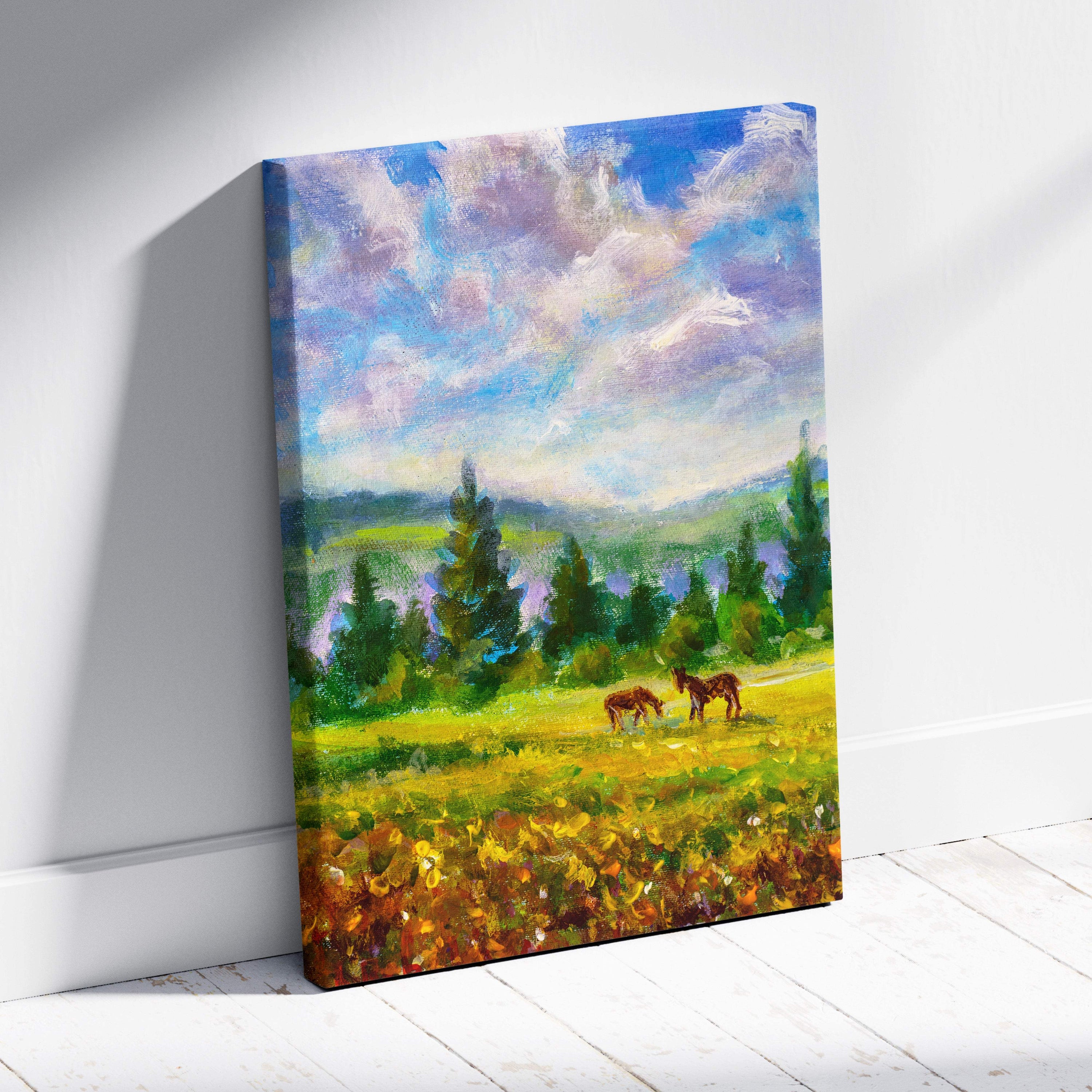 A vibrant canvas painting of two brown horses grazing in a sunlit field with swirling clouds and distant trees