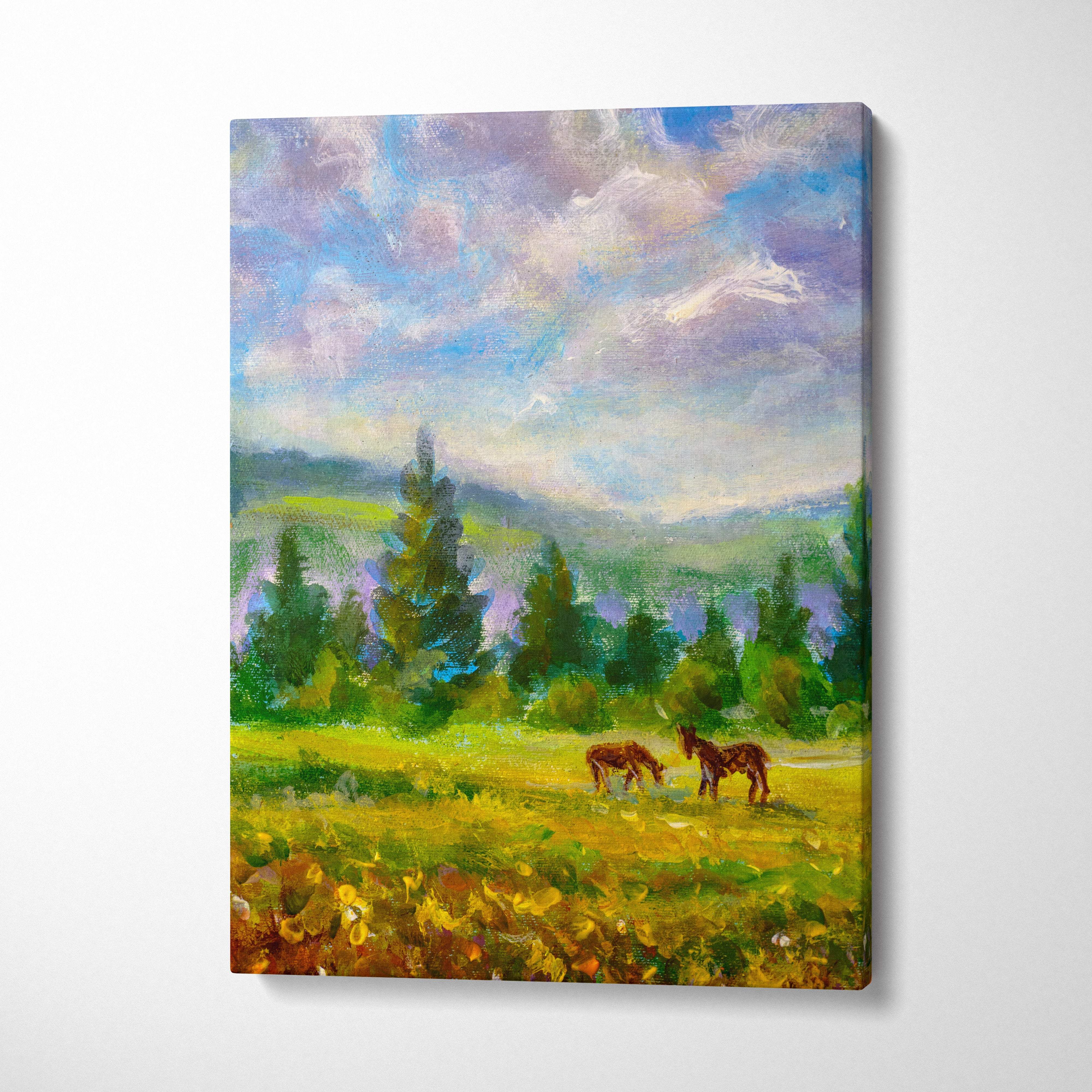 Peaceful countryside horses impressionist canvas wall art featuring two brown horses grazing in a sunlit meadow