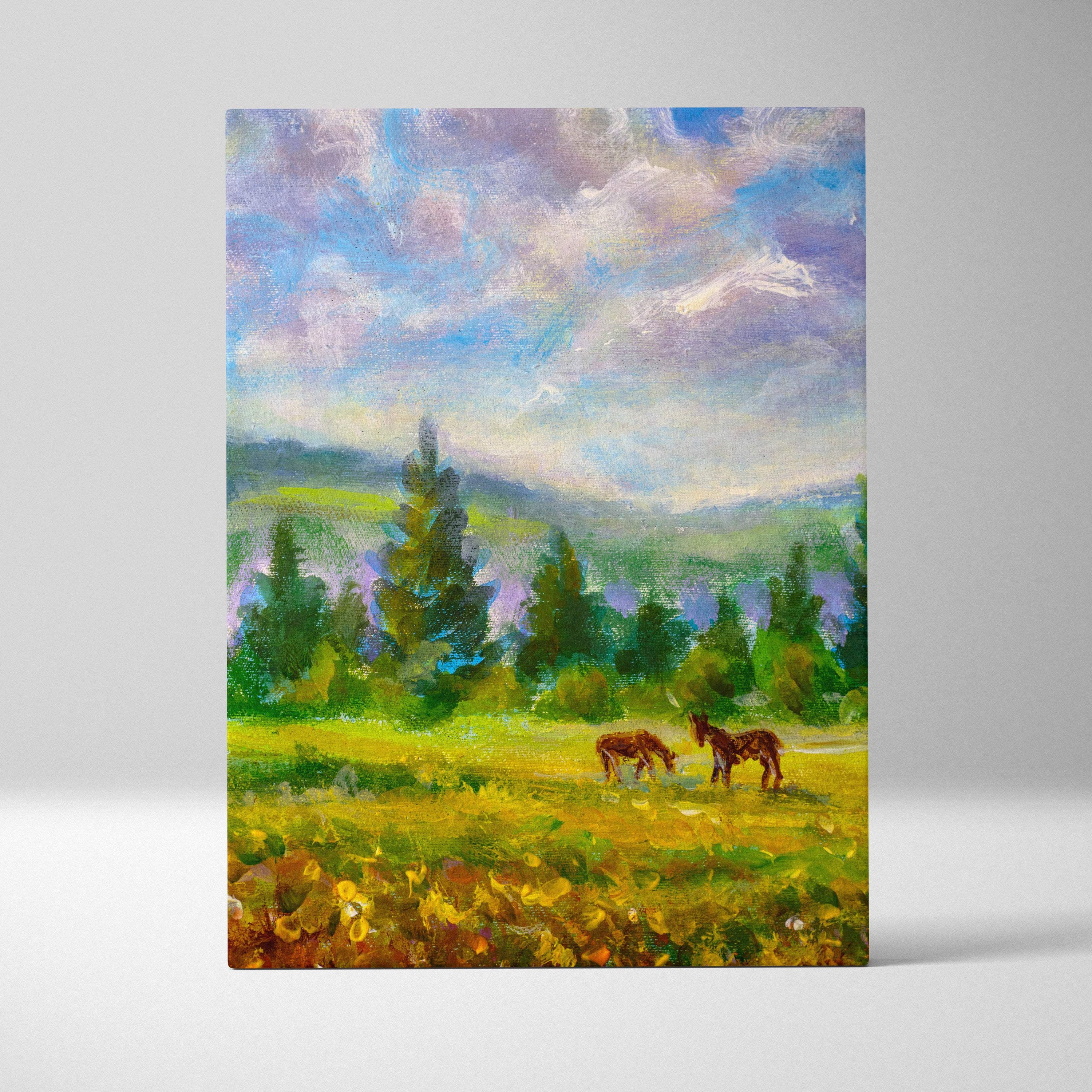 Peaceful countryside horses impressionist canvas print of two brown horses grazing in sunlit meadow under cloudy sky